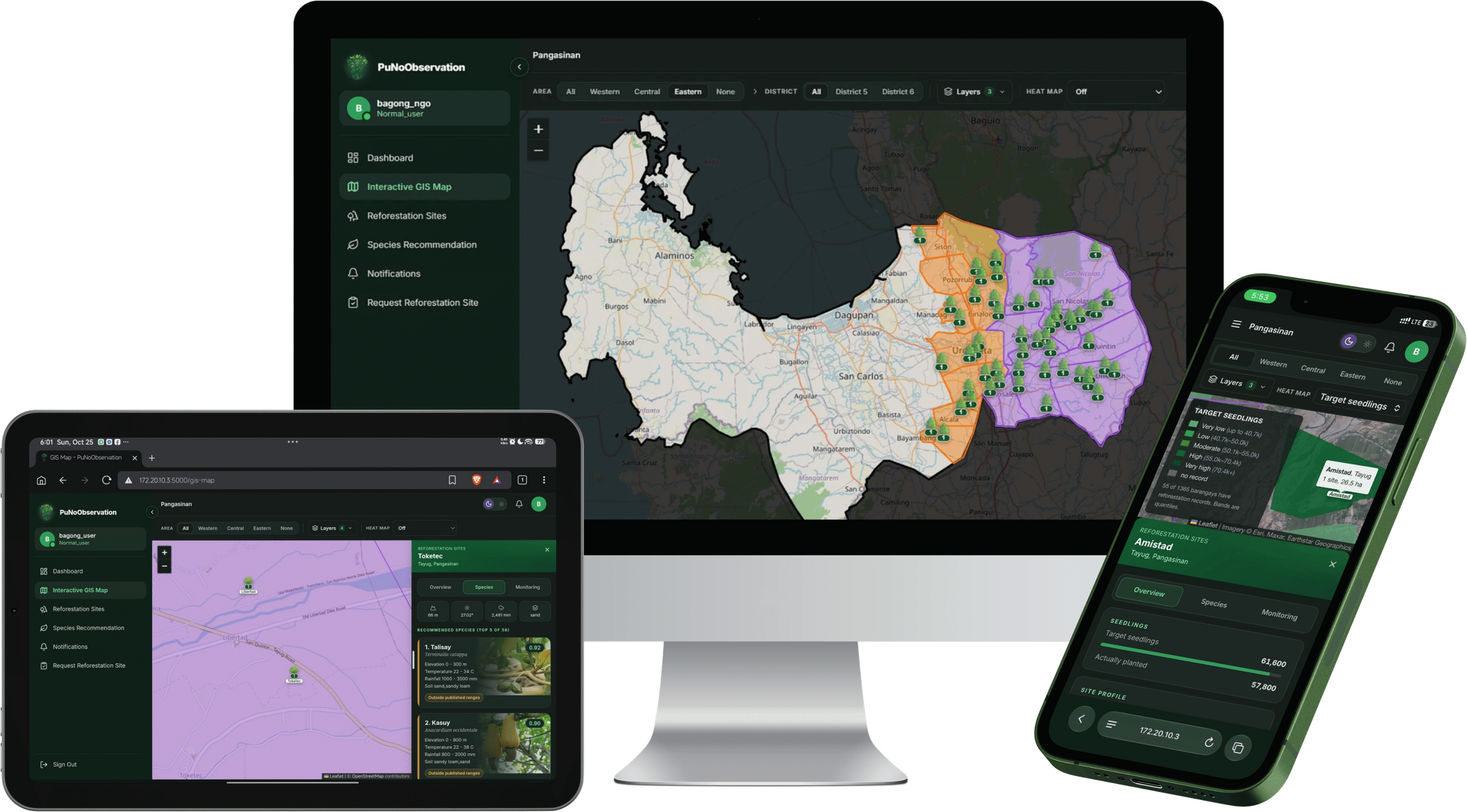 The GIS map on a desktop, tablet and phone, with Eastern Pangasinan's districts shaded, planting sites marked, and a site's details open